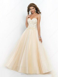 Popular Princess Tulle Floor-length Appliques Lace Champagne Prom Dress #02016542