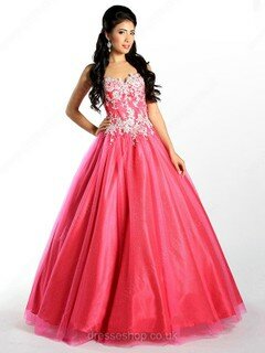 Sweetheart Satin Tulle Lace-up Appliques Lace Red Prom Dress #02016543
