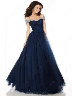 Dark Navy Tulle Beading Beautiful Princess Off-the-shoulder Prom Dress #02016548