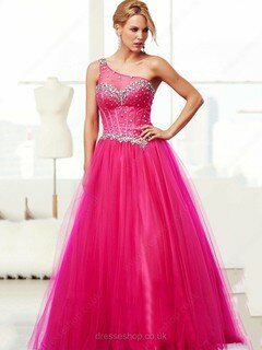 Fuchsia One Shoulder Tulle Crystal Detailing Princess Sweet Prom Dress #02016551