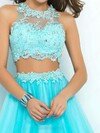 Two Piece Princess Satin Tulle Appliques Lace Scoop Neck Prom Dresses #02016561