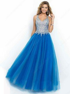 V-neck Tulle Crystal Detailing Royal Blue Princess Newest Prom Dress #02016568