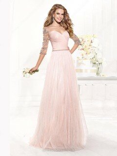 V-neck Pink Tulle with Beading Princess 1/2 Sleeve Prom Dresses #02016473