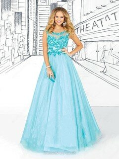 Blue Princess Satin Tulle Appliques Lace Scoop Neck Prom Dress #02016573