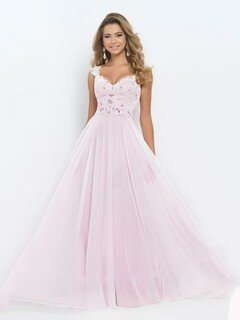 Princess V-neck Pink Chiffon Tulle with Appliques Lace Vintage Prom Dress #02016574