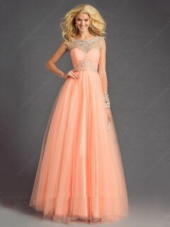 Scoop Neck Lace-up Orange Tulle Elastic Woven Satin Crystal Detailing Princess Prom Dresses #02016577