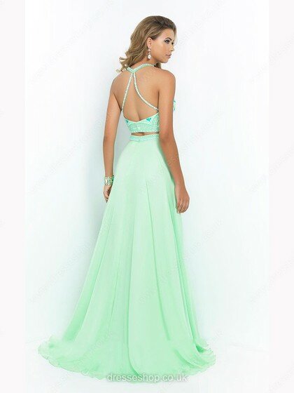 Princess Backless Scoop Neck Chiffon Tulle Beading Two Piece Prom Dresses #02016578