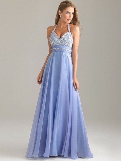 Best Lilac Chiffon with Beading Floor-length Halter Open Back Prom Dresses #02022527