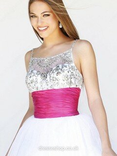 Princess Spaghetti Straps White Tulle Beading Square Neckline Coolest Prom Dresses #02016596