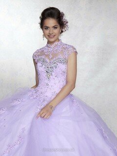 High Neck Lavender Satin Tulle Floor-length Open Back Appliques Lace Prom Dress #02016604