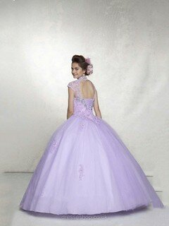Ball Gown High Neck Satin Tulle Floor-length Lace Quinceanera Dresses #02016604