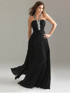 Floor-length V-neck Chiffon Beading Open Back Black Prom Dresses #02022530