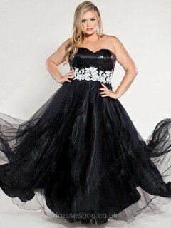 Princess Black Sweetheart Lace-up Sequined Tulle Appliques Lace Prom Dresses #02016646