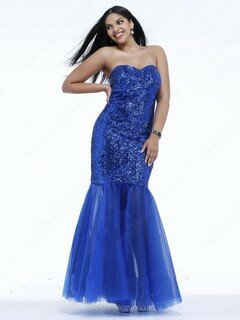 Trumpet/Mermaid Sweetheart Tulle Sequined Royal Blue Ankle-length Prom Dresses #02016657