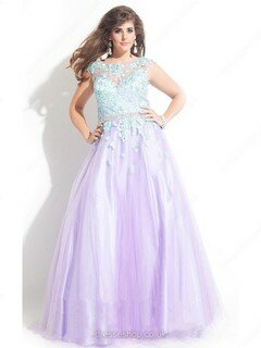 A-line Scoop Neck Lavender Tulle Cap Straps Appliques Lace Prom Dresses #02016667