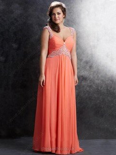 V-neck Orange Chiffon with Beading Sweep Train Nice Prom Dresses #02016670