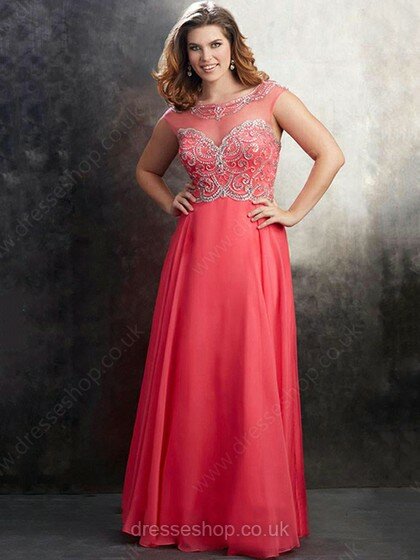 Sweep Train Cap Straps Watermelon Chiffon Tulle Beading Scoop Neck Prom Dress #02016671