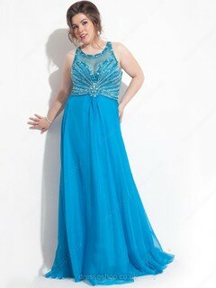 For Less Scoop Neck Chiffon Tulle Sweep Train Beading Blue Prom Dresses #02016672