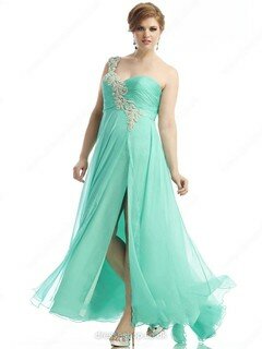 Online One Shoulder Green Chiffon Split Front Empire Prom Dresses #02016680
