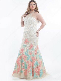 Scoop Neck Tulle Appliques Lace Champagne Trumpet/Mermaid Prom Dresses #02016685