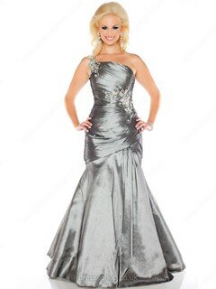 Trumpet/Mermaid Silver Taffeta Beading Lace-up One Shoulder Prom Dresses #02016718