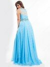 Blue Lace Chiffon Sweep Train Crystal Detailing Scoop Neck Prom Dresses #02016722