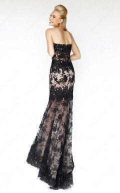 Trumpet/Mermaid Lace Satin Beading Famous Black Strapless Prom Dress #02016441