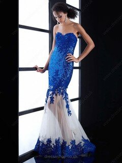 Trumpet/Mermaid Royal Blue Tulle Sequined Appliques Lace Sweep Train Prom Dress #02016456