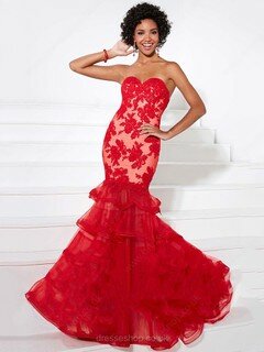 Trumpet/Mermaid Appliques Lace Red Satin Tulle Sweep Train Prom Dress #02016459