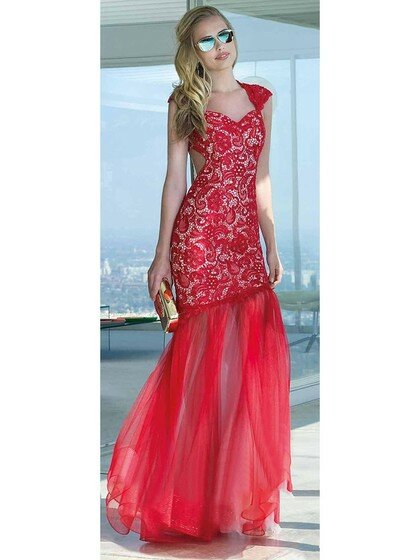 Sweetheart Red Satin Tulle Appliques Lace Cap Straps Trumpet/Mermaid Prom Dress #02016462