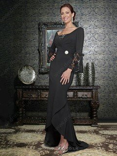 Black Trumpet/Mermaid Chiffon with Lace Asymmetrical Long Sleeve Mother of the Bride Dresses #01021551