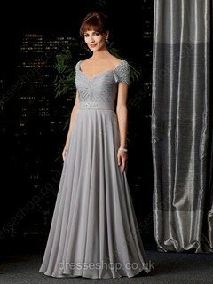 Off-the-shoulder Light Slate Gray Chiffon Beading Floor-length Cap Straps Mother of the Bride Dresses #01021471