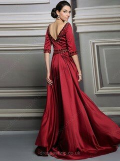 Scoop Neck Burgundy Elastic Woven Satin Beading 1/2 Sleeve A-line Mother of the Bride Dress #01021339