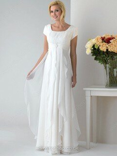 Square Neckline White Chiffon Floor-length Pleats Cap Straps Mother of the Bride Dress #01021351