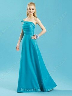 One Shoulder Blue Satin Floor-length Pleats Boutique Bridesmaid Dresses #01012316