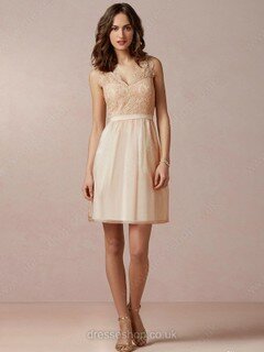 Sweet Short/Mini Lace Chiffon with Sashes / Ribbons V-neck Bridesmaid Dress #01012226
