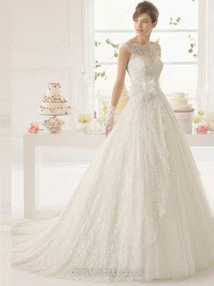 Princess Scalloped Neck Tulle Court Train Lace Wedding Dresses #00020996