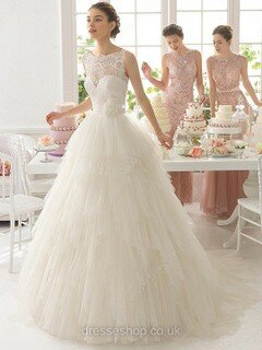 Princess Scalloped Neck Tulle Court Train Beading Wedding Dresses #00021012