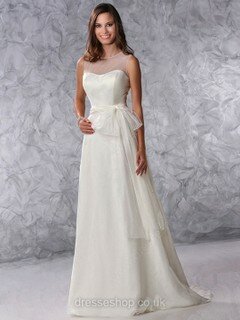 A-line Scoop Neck Satin Organza Sweep Train Sashes / Ribbons Wedding Dresses #00021102