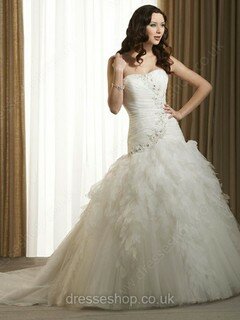 Princess Sweetheart Satin Organza Court Train Beading Wedding Dresses #00021108