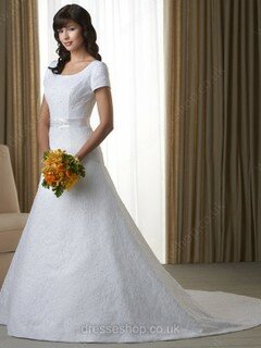A-line Square Neckline Lace Satin Court Train Sashes / Ribbons Wedding Dresses #00021111