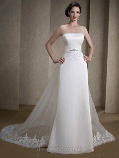 A-line Strapless Satin Organza Watteau Train Appliques Lace Wedding Dresses #00021142