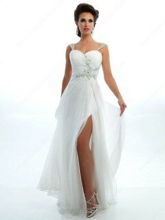 White Sweetheart Split Front Chiffon with Beading A-line Prom Dress #02011753