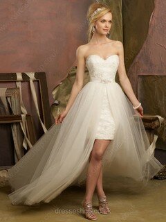 A-line Sweetheart Satin Tulle Asymmetrical Beading Wedding Dresses #00021076