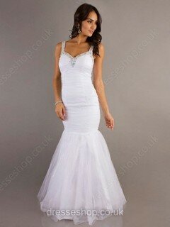Trumpet/Mermaid V-neck White Tulle Beading Lace-up Prom Dresses #02016300