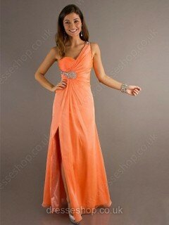 Orange Chiffon with Beading One Shoulder Backless Split Front Prom Dress #02016314