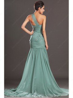 Latest Green Pleats Chiffon with Flower(s) Trumpet/Mermaid One Shoulder Prom Dresses #02016319