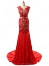 Scoop Neck Trumpet/Mermaid Chiffon Tulle Appliques Lace Latest Red Prom Dresses #02016325