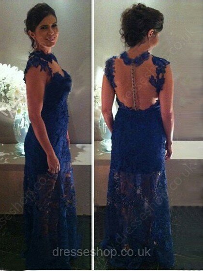 Sheath/Column Scoop Neck Lace Tulle Appliques Lace Royal Blue Prom Dresses #02016326