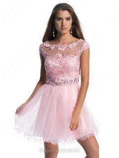 Pink Tulle Scoop Neck Appliques Lace Cap Straps Short/Mini Promotion Prom Dress #02016352